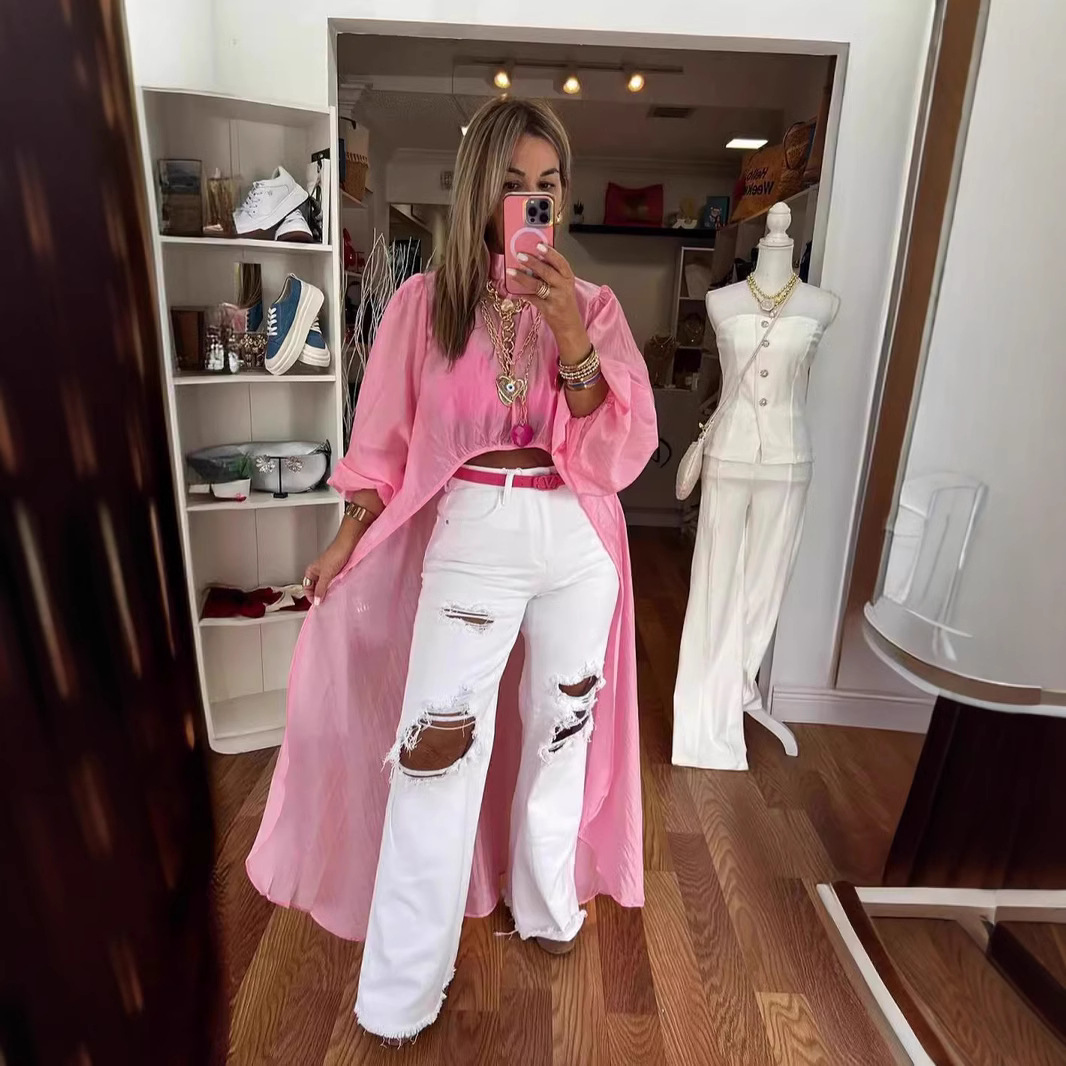 Lightweight Waist-cinchingBubble-sleeved Asymmetrical Top Womens Blouse Dress