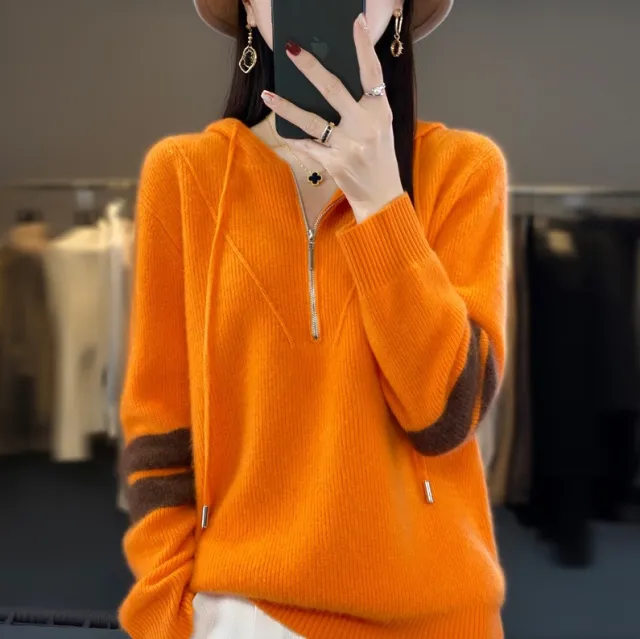 Hooded Zipper Thickening Knitwear Women's Color Matching Sweater Orange - Shop at LoveMi