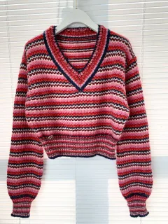 Women's Classic Style High Waist Haima Loose Sweater - Striped Top - View 1