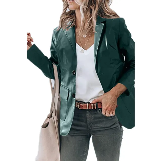 Elegant Slim fit Lapel Single Breasted Solid Color PU Leather Long sleeved Top Dark Green - Shop at LoveMi