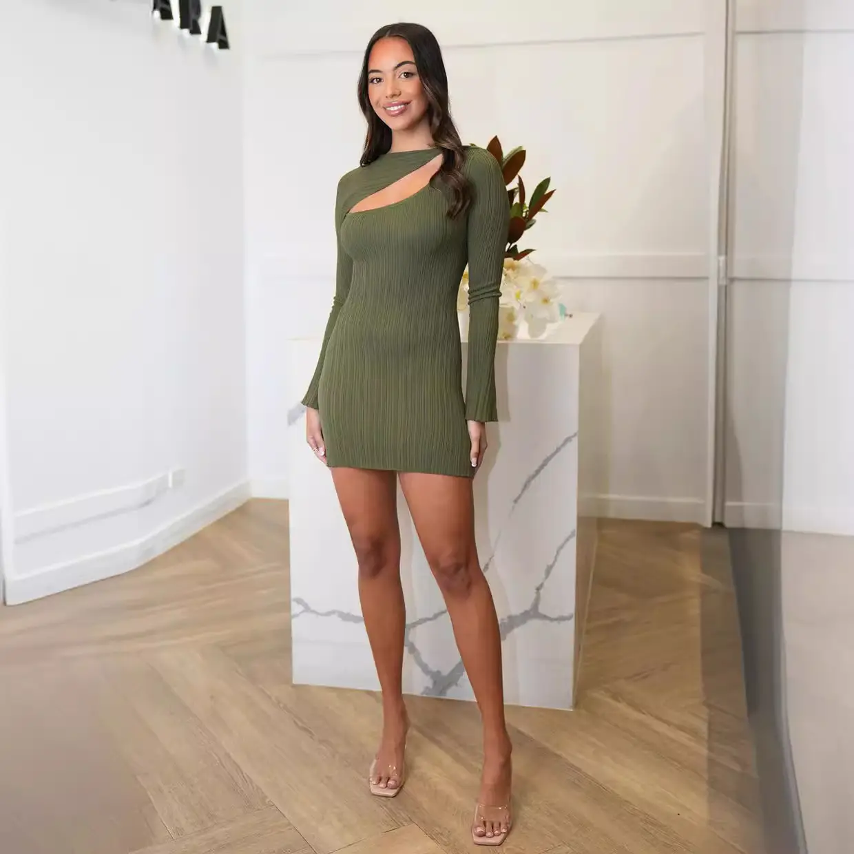 Round Neck Hollow Knitted Long-sleeved Dress