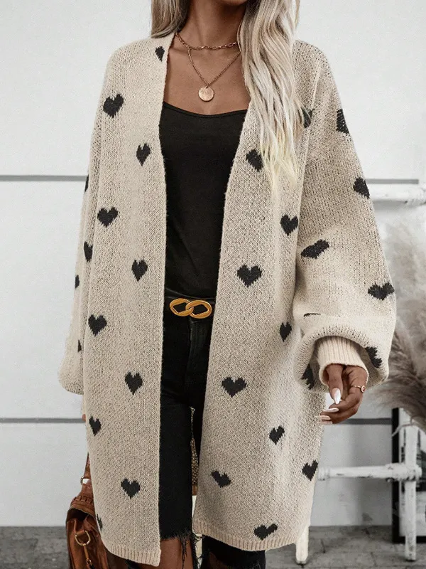 Long Heart Jacquard Sweater Coat Apricot - Shop at LoveMi