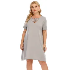 Women's Short Sleeve A- Line Simple Deep V-neck Hollow-out Cross Dress - Grey - View 1