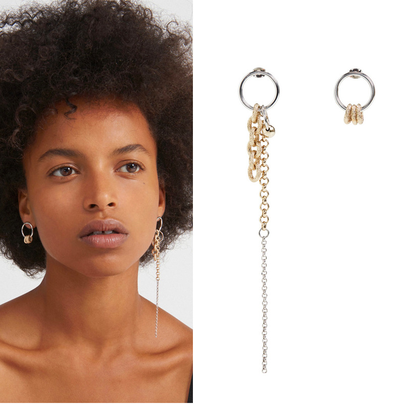 Gold And Silver Color Matching Personality Asymmetric Long Fringe Earrings Women