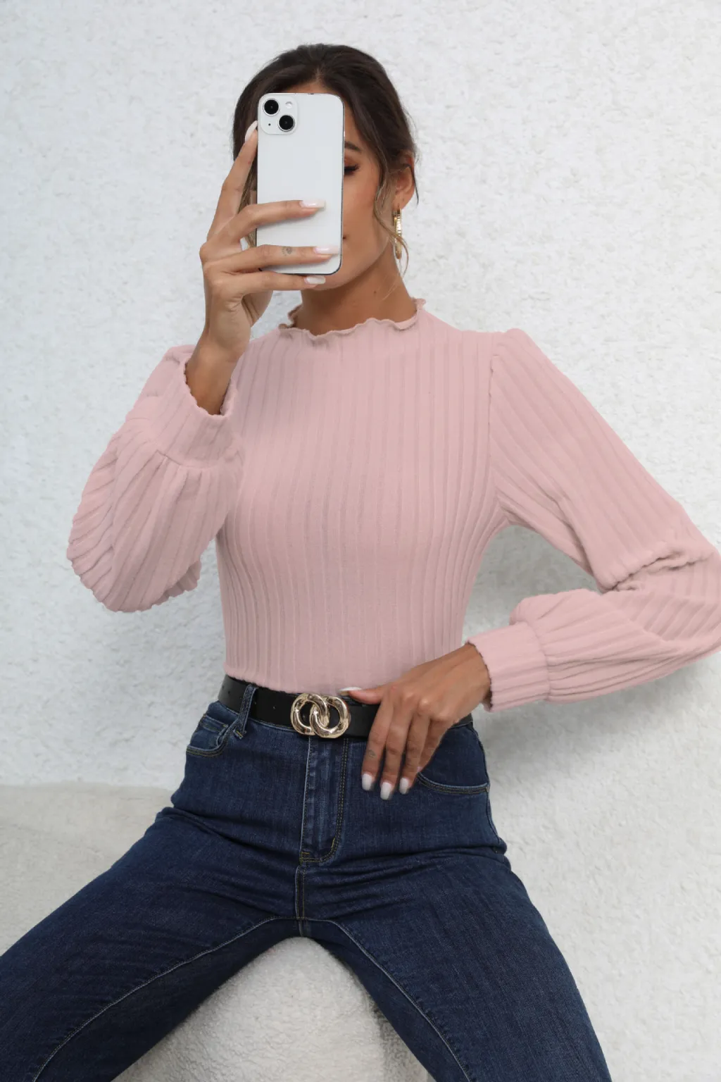 Women's French-style Long-sleeved Knitted Jumpsuit Top - Pink