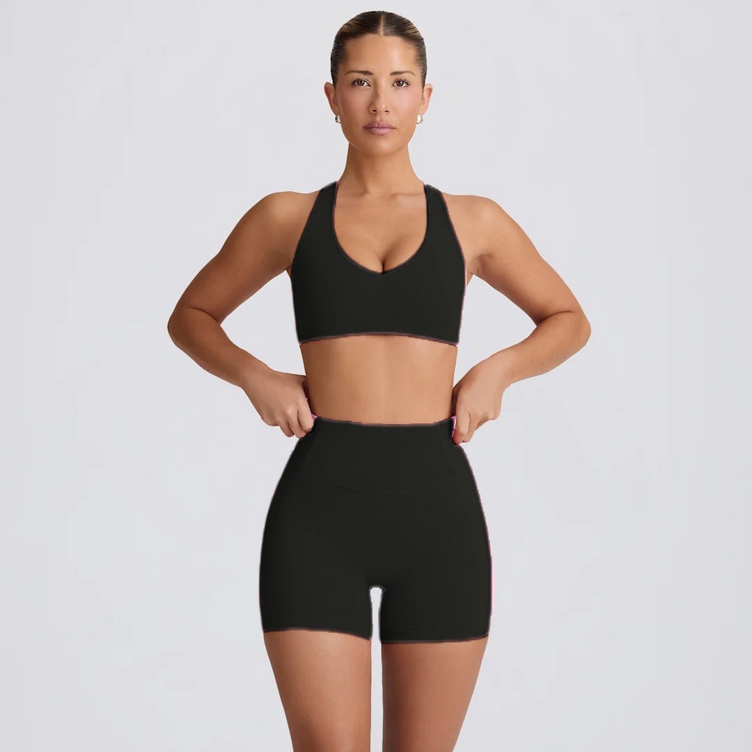 Yoga Suit Peach Hip Nude Feel High Waist Shorts Sports Top Two piece Set Black Shorts Suit - Shop at LoveMi