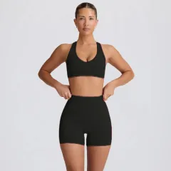 Yoga Suit Peach Hip Nude Feel High Waist Shorts Sports Top Two-piece Set - Black Shorts Suit - View 1