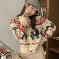 Retro Nordic Style Rhombus Contrasting Color Jacquard Knitted Cardigan Short Coat - Apricot - View 1