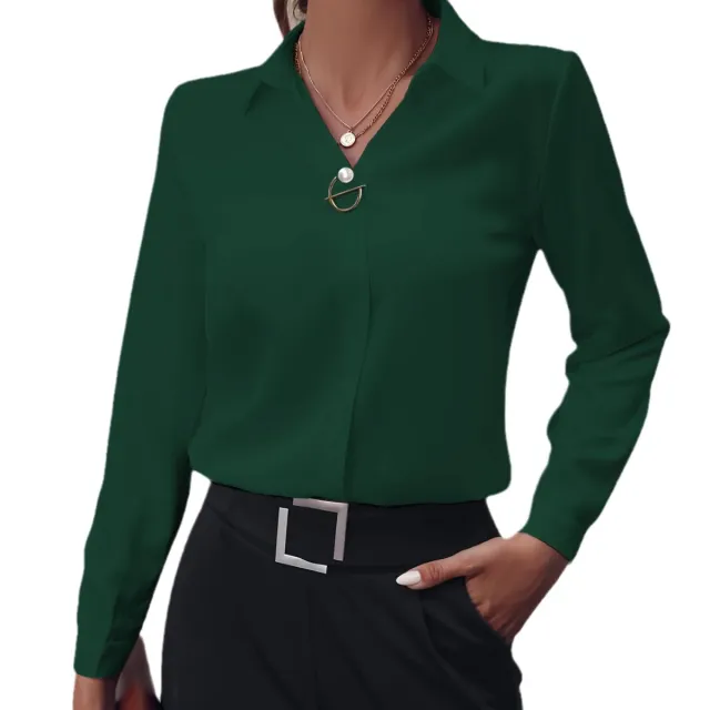 Commuter V neck Long sleeved Shirts Ins Fashion Solid Color Pullover Top Autumn And Spring Women's Clothing Green - Shop at LoveMi