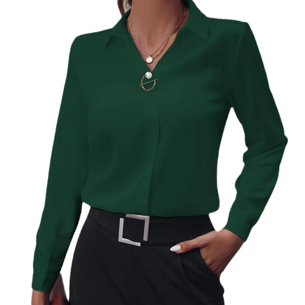 Commuter V-neck Long-sleeved Shirts Ins Fashion Solid Color Pullover Top Autumn And Spring Women's Clothing - Green