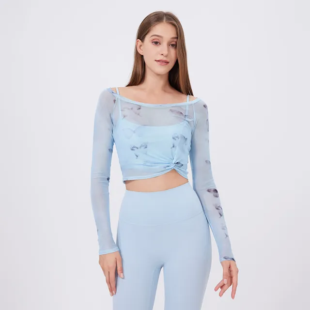 Fake Two piece Sports T shirt Women's Long Sleeve With Chest Pad Very Pale Blue - Shop at LoveMi