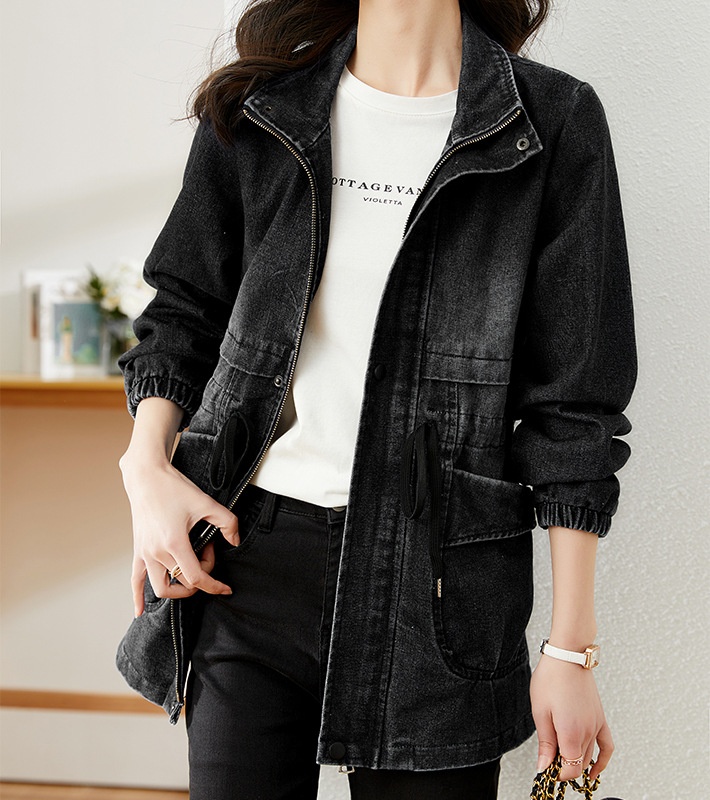 Denim Women's Coat Hooded Casual Top Mid-length