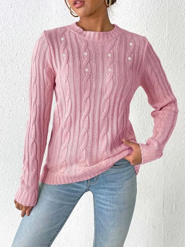 Women's Simple Pearl Beaded Sweater Pink 8Beads - Shop at LoveMi