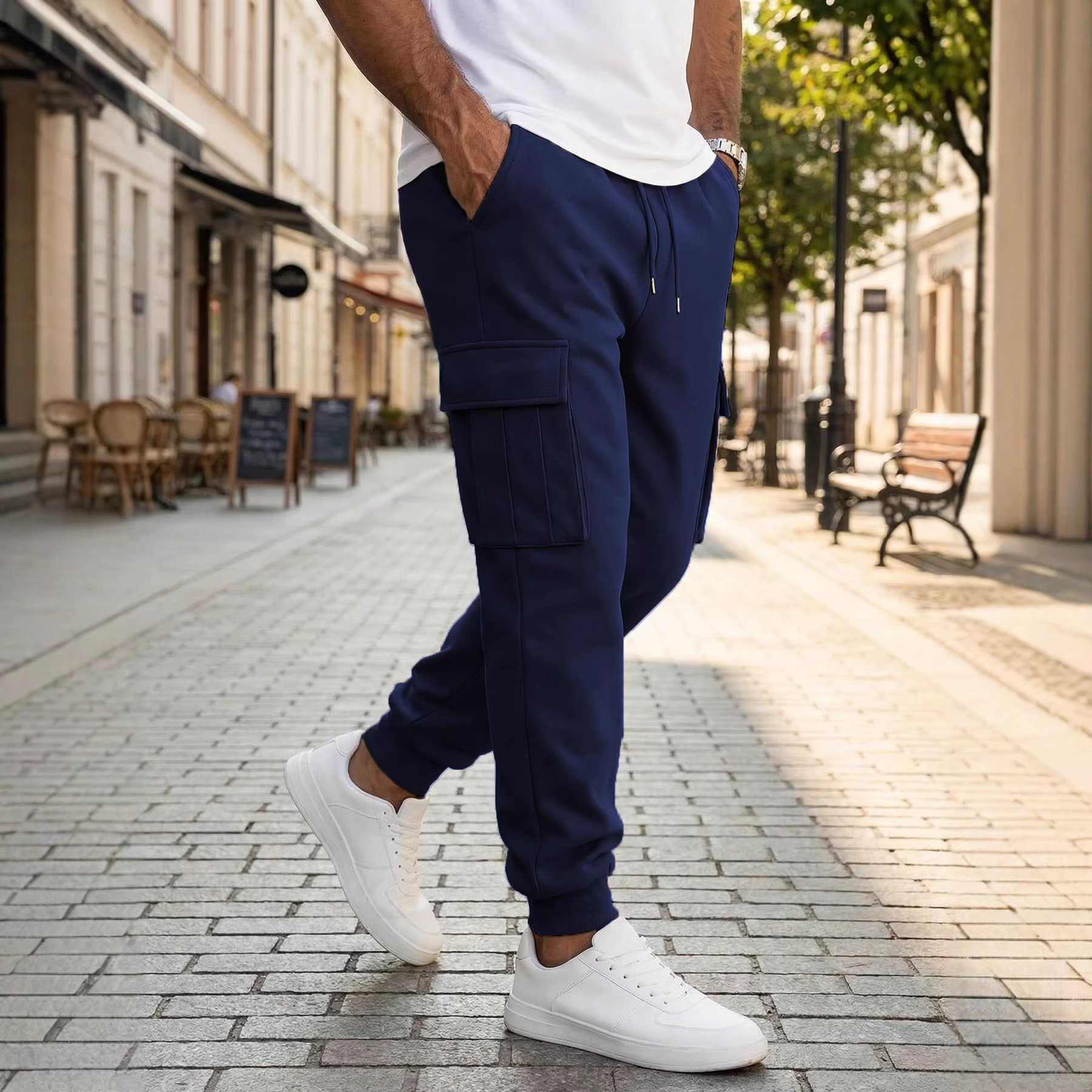 Mens Casual Workwear Pants With Multiple Pockets And A Drawstring