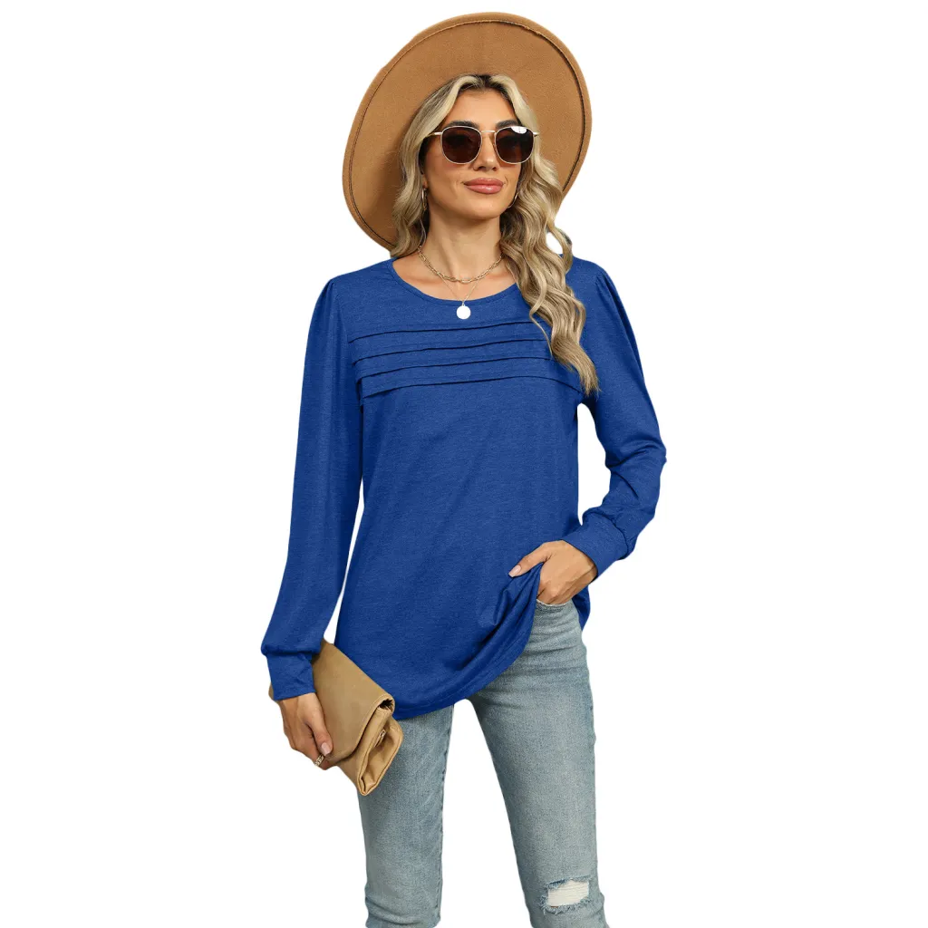 Solid Colour U-neck Pleated Long-sleeved T-shirt Top For Women - Colourful Blue