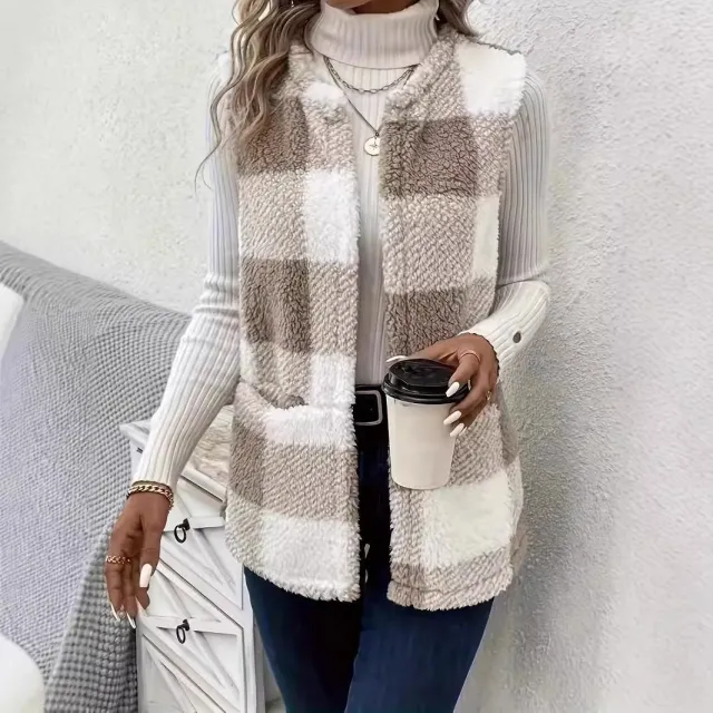Fashion Casual Pocket Plush Plaid Vest Top Khaki - Shop at LoveMi