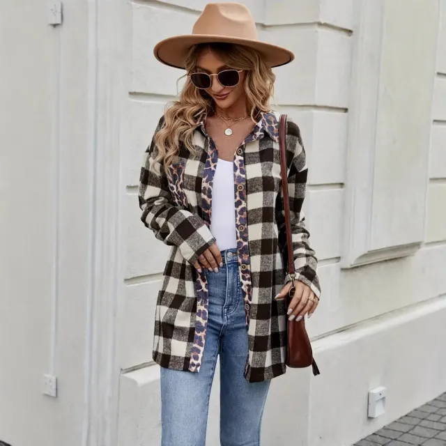 Autumn Houndstooth Leopard Print Contrast Color Plaid Long Sleeve Shirt Women's Clothing Brown - Shop at LoveMi