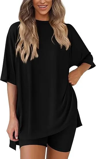 Leisure Crew Neck Split Loose fitting Women's Home Wear Suit Black - Shop at LoveMi