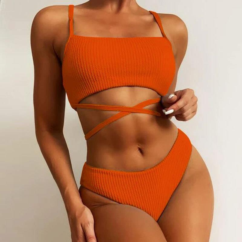 New Wave-Pattern High-Waist Solid-Color Two-Piece Swimsuit For Women