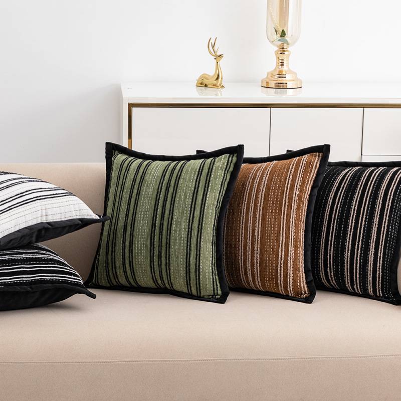 Chenille Dyed-warp Jacquard Striped Throw Geometric Trim Cushion Pillow Cover