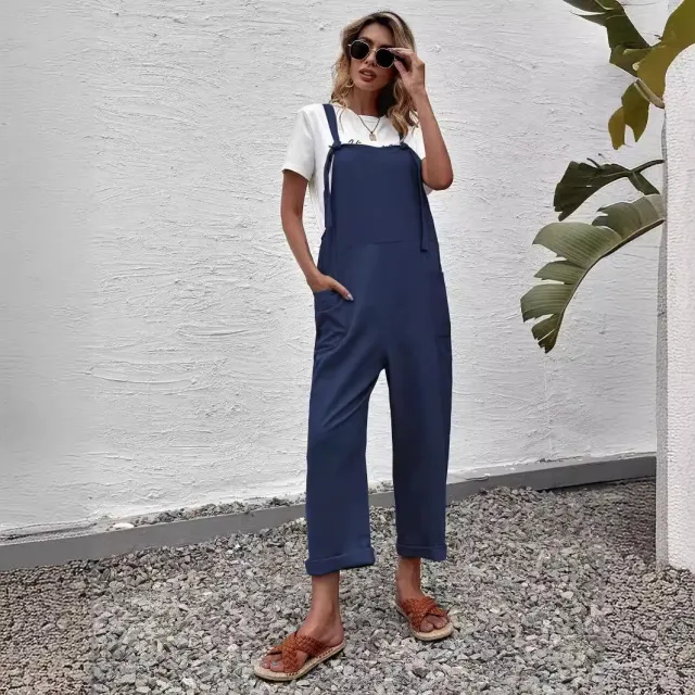 Fashion Solid Color Loose Pockets Wide Leg Jumpsuit Navy Blue - Shop at LoveMi