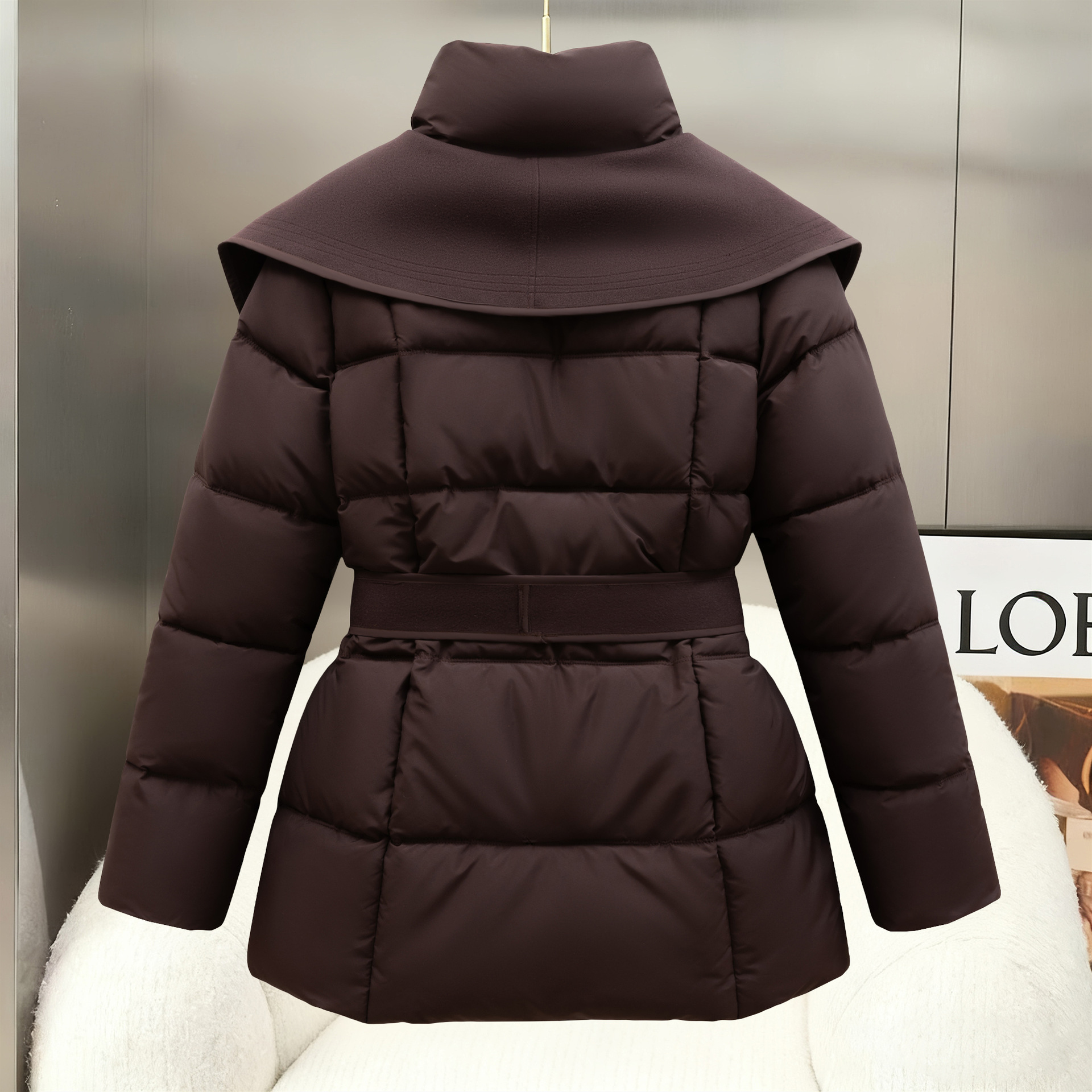 Back View Of Women's Brown Quilted Coat With Belt And Wide Collar