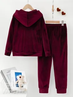 Plush Pyjamas Hooded Sweater Trousers Two-piece Suit - Wine Red - View 1
