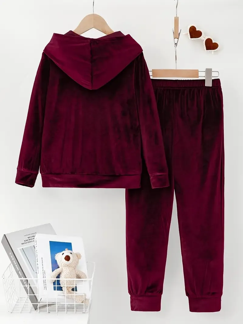 Plush Pajamas Hooded Sweater Trousers Two-piece Suit - Wine Red