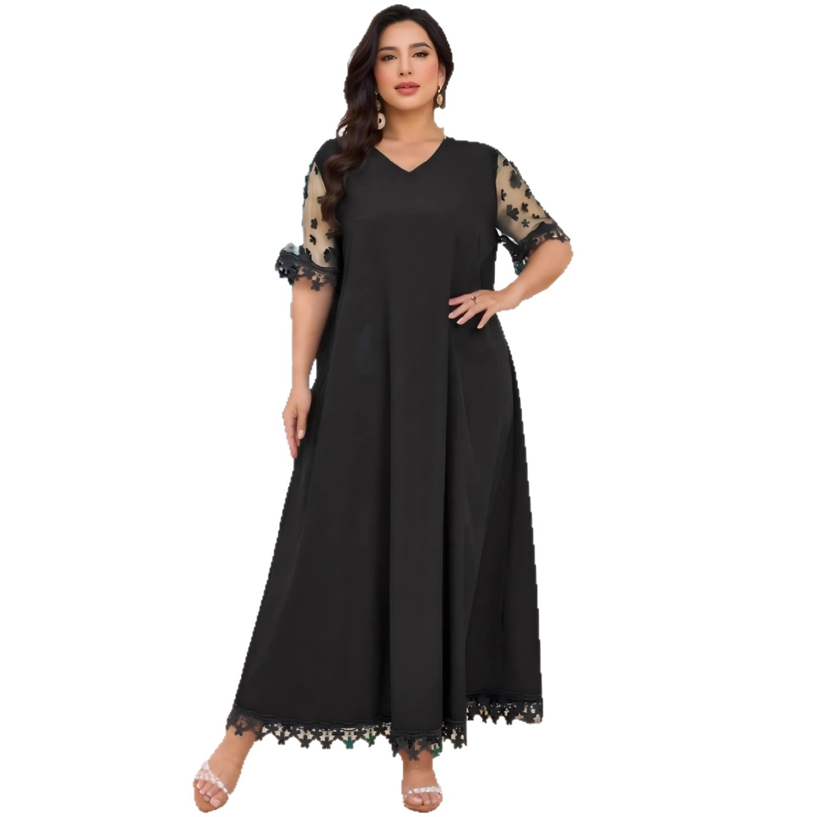 Plus-size V-neck Mesh Embroidered Short-sleeve Lace Trim