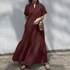 Women's Stand Collar Short Sleeve V-neck Placket Loose Fishtail A-line Long Dress - Red - View 1
