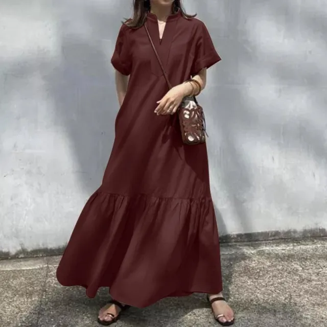 Women's Stand Collar Short Sleeve V neck Placket Loose Fishtail A line Long Dress Tan - Shop at LoveMi