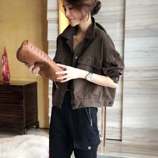 Red Workwear Denim Jacket Women's Short Jacket Top Brown - Shop at LoveMi