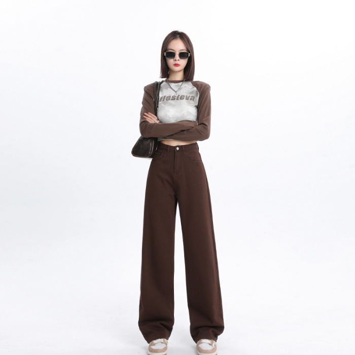 Spring And Autumn New Style White Wide Leg Jeans Women's Loose Straight Brown Coffee Color Lengthened - Shop at LoveMi