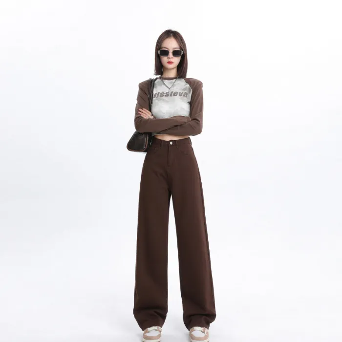 Spring And Autumn New Style White Wide Leg Jeans Women's Loose Straight - Brown Coffee Color Lengthened