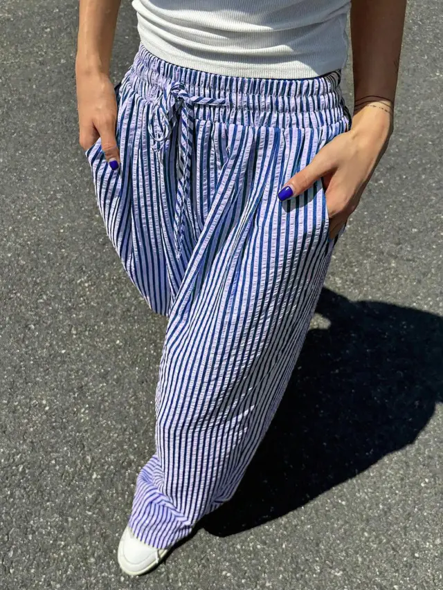 Women's High Waist Loose Casual Striped Straight leg Pants Blue - Shop at LoveMi