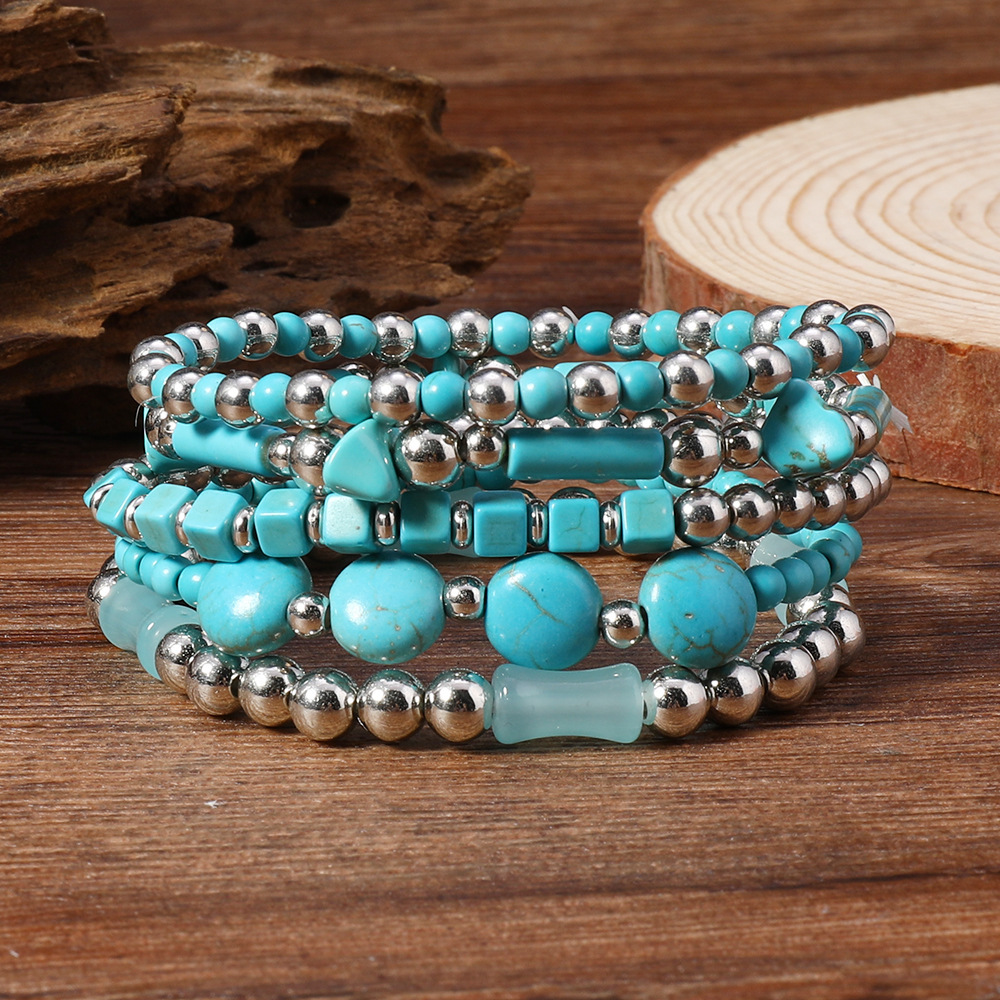 Comfort Elastic Turquoise Beaded Bracelet with Vintage U-Shape