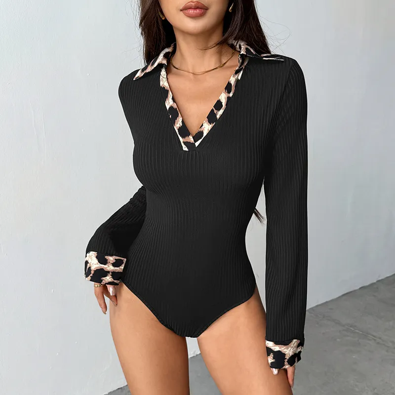 Long-sleeve Patchwork Leopard-print Mock-neck Knit Bodysuit - Black