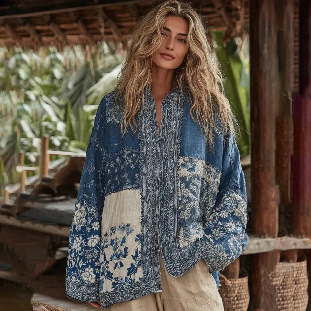 Ethnic style Casual Linen Shawl With A Printed Shirt Blue - Shop at LoveMi