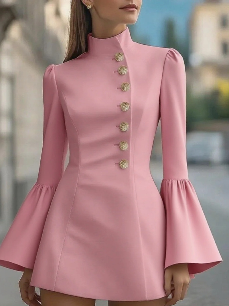 Solid Color Stand up Collar Flared Sleeves Business Suit And Dress Pink - Shop at LoveMi