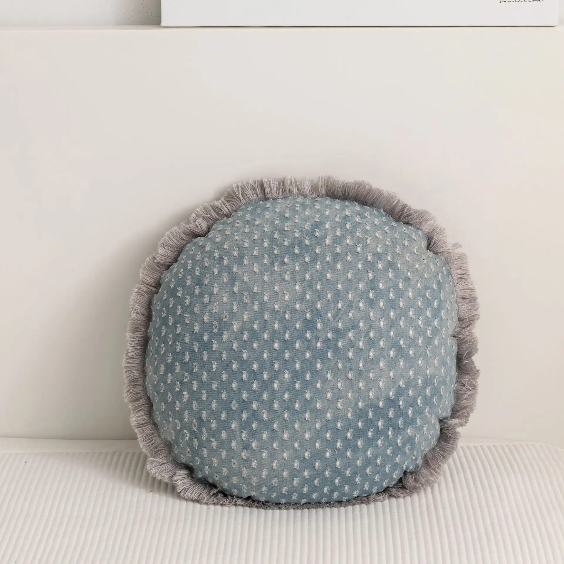 Denim Ribbon Fringe Jacquard Pillow Cover