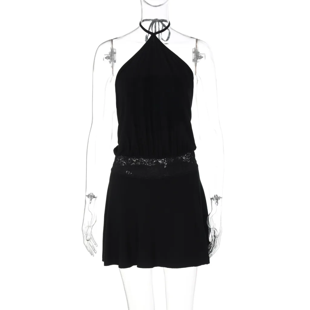 Personality Pure Color Halter Dress Women - Black