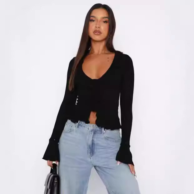 Irregular T-shirt V-neck Ruffled Flared Sleeve Button Short Cardigan Top