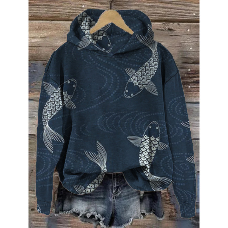 Womens Printed Hooded Long-Sleeve Pullover Sweatshirt