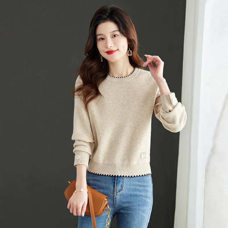 Women's Clothing Fashion Long Sleeve Loose Round Neck Sweater - Beige