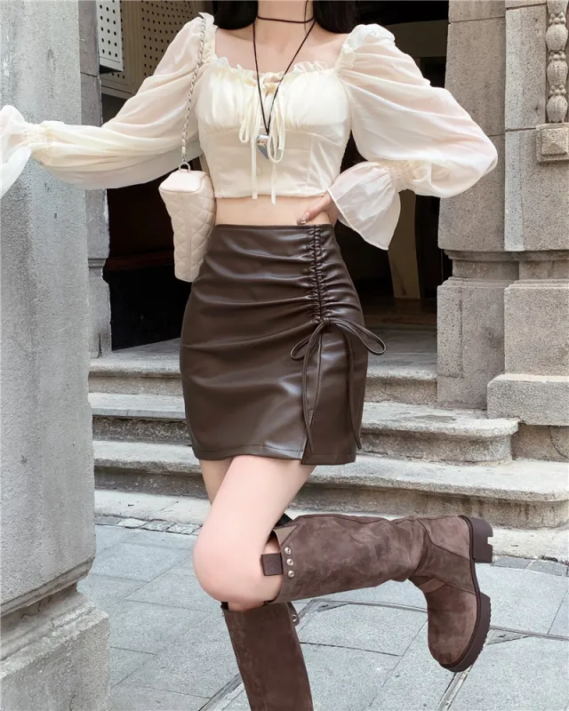 Black PU Leather Skirt Women's Autumn Versatile High Waist Slimming Brown - Shop at LoveMi