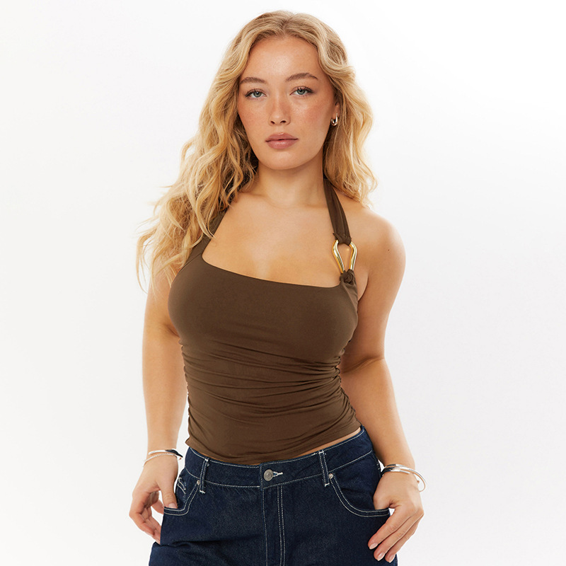 European And American Pure Color Halter Metal Ring Vest Camisole Top