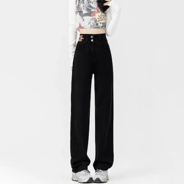 Women's New Fleece Lined Thickened Loose Fit Slimming Wide Leg Denim Jeans Black - Shop at LoveMi