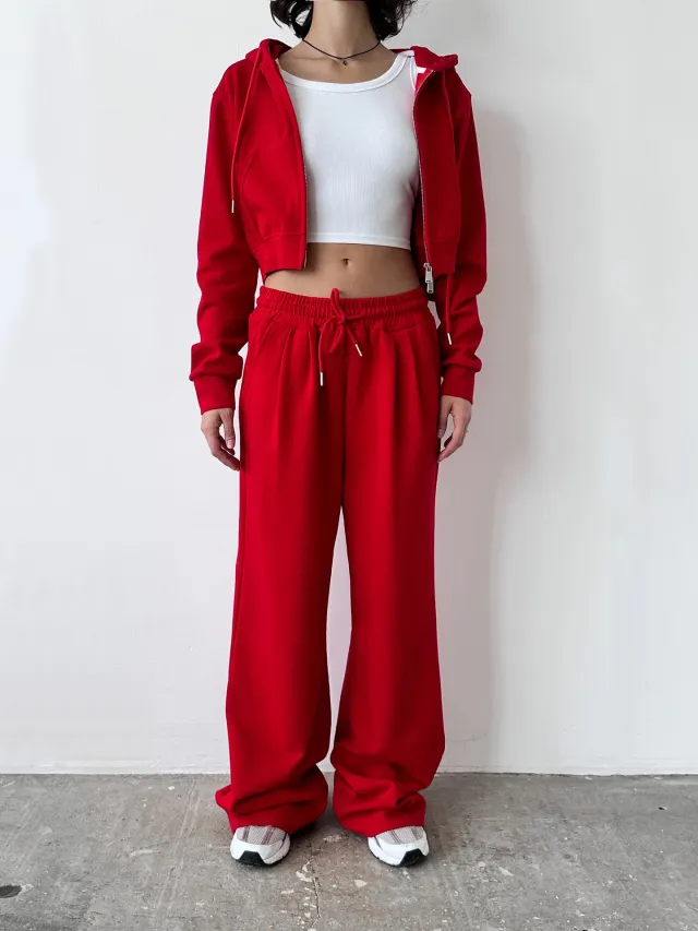 Casual Women's Suit Solid Color Long Sleeve Zip Hoodie Drawstring Sweatpants Red - Shop at LoveMi