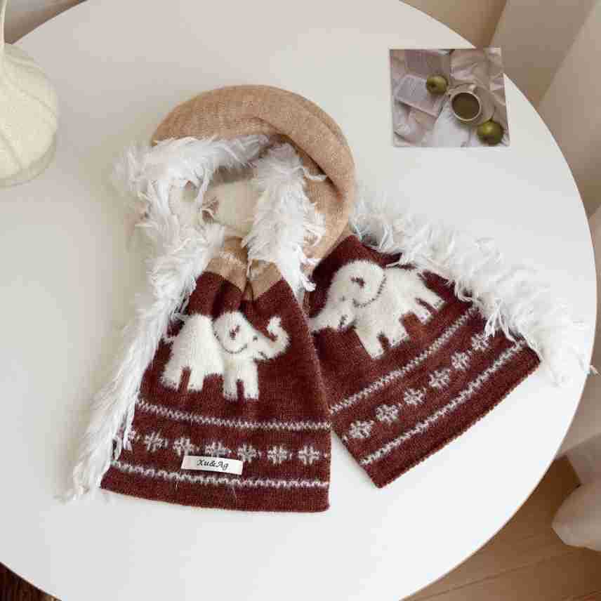 Retro Elephant Jacquard Knit Scarf - Women's Thickened Imitation Rabbit Fur Fringe