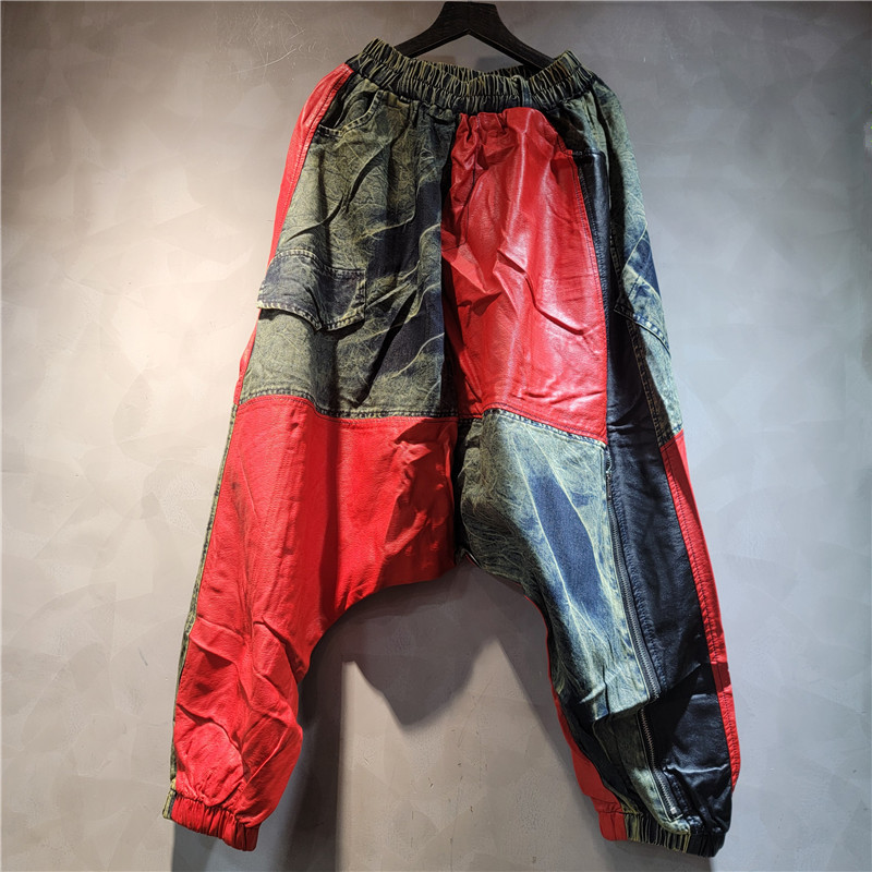 Trendy Cool Personality Cowboy Leather Patchwork Irregular Vest Big Crotch Baggy Pants
